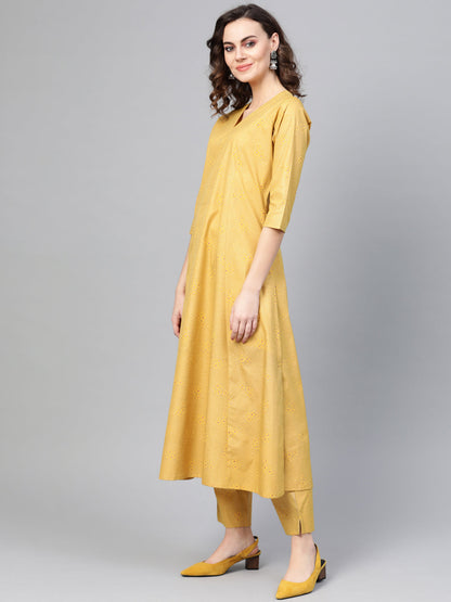 Women's Mustard Crepe Printed Kurta With Pan