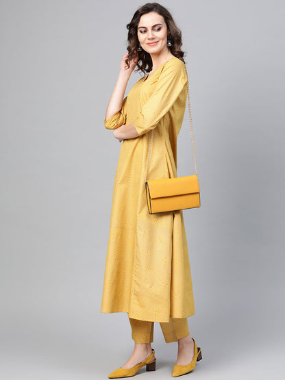 Women's Mustard Crepe Printed Kurta With Pan