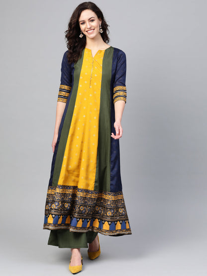 Women's  Mustard Color Poly Silk Anarkali Salwar Suit Se