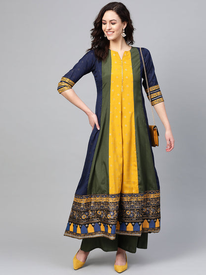 Women's  Mustard Color Poly Silk Anarkali Salwar Suit Se