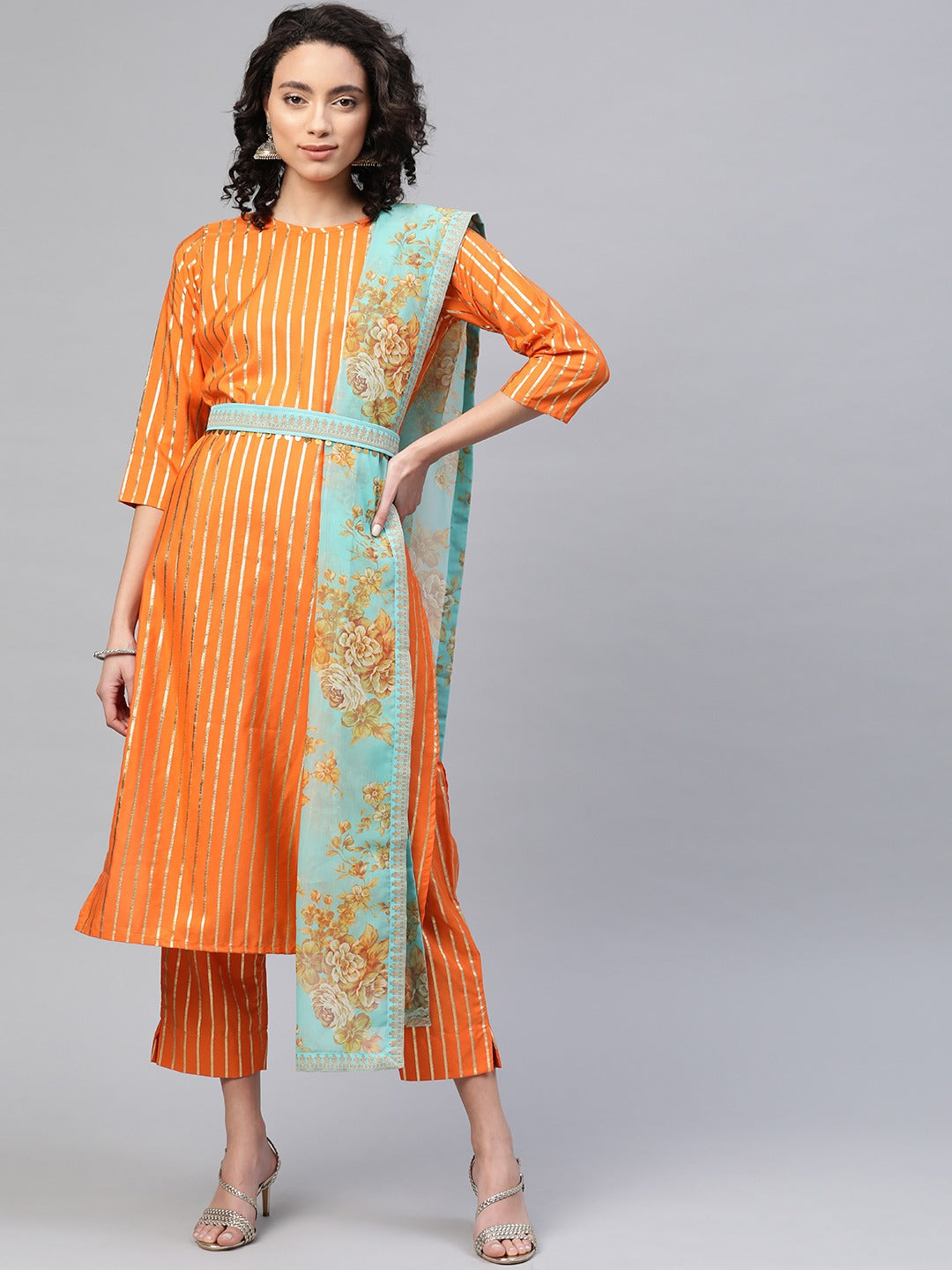Women's  Orange Crepe Gold Print Stripped Kurta With Palazzo And Dupatta Se