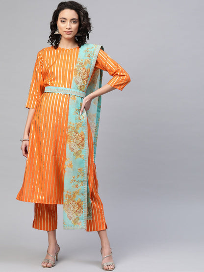 Women's  Orange Crepe Gold Print Stripped Kurta With Palazzo And Dupatta Se