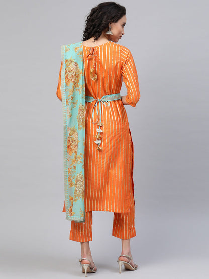 Women's  Orange Crepe Gold Print Stripped Kurta With Palazzo And Dupatta Se