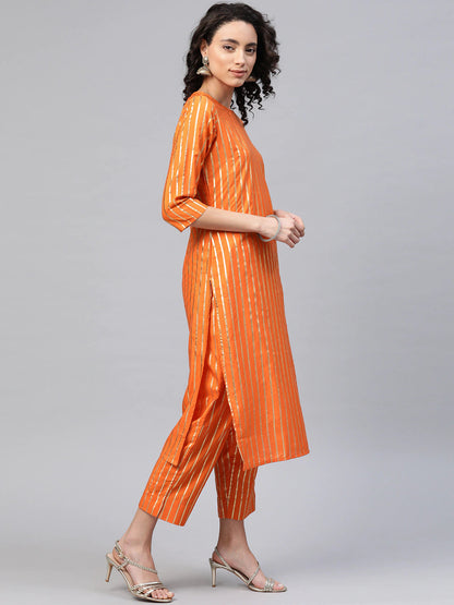 Women's  Orange Crepe Gold Print Stripped Kurta With Palazzo And Dupatta Se