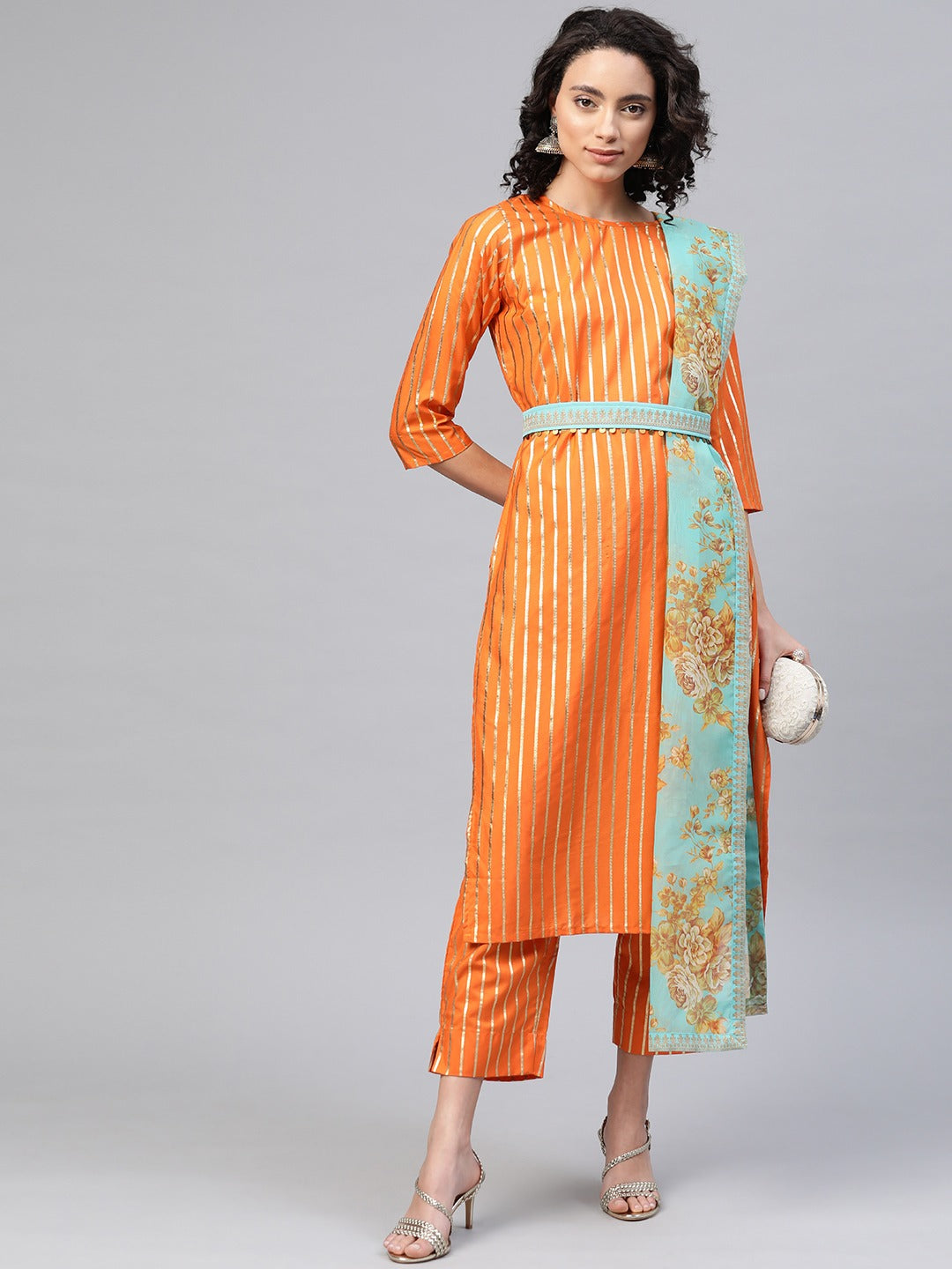 Women's  Orange Crepe Gold Print Stripped Kurta With Palazzo And Dupatta Se