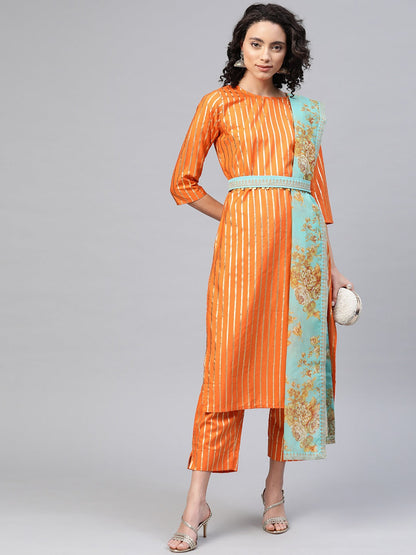 Women's  Orange Crepe Gold Print Stripped Kurta With Palazzo And Dupatta Se