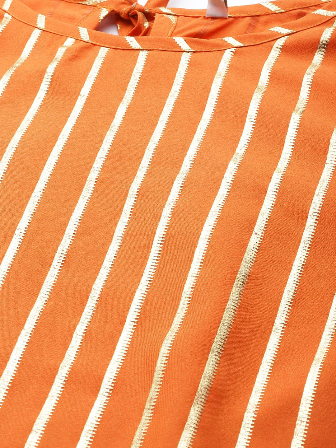 Women's  Orange Crepe Gold Print Stripped Kurta With Palazzo And Dupatta Se