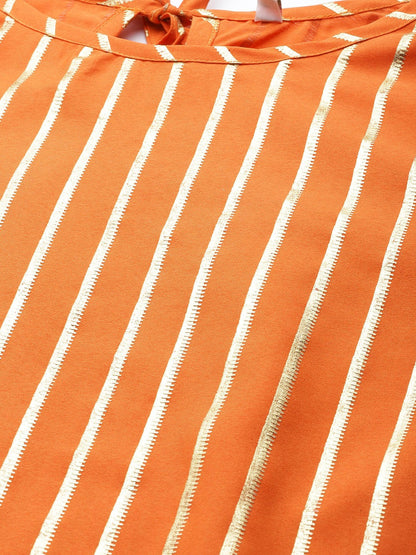 Women's  Orange Crepe Gold Print Stripped Kurta With Palazzo And Dupatta Se