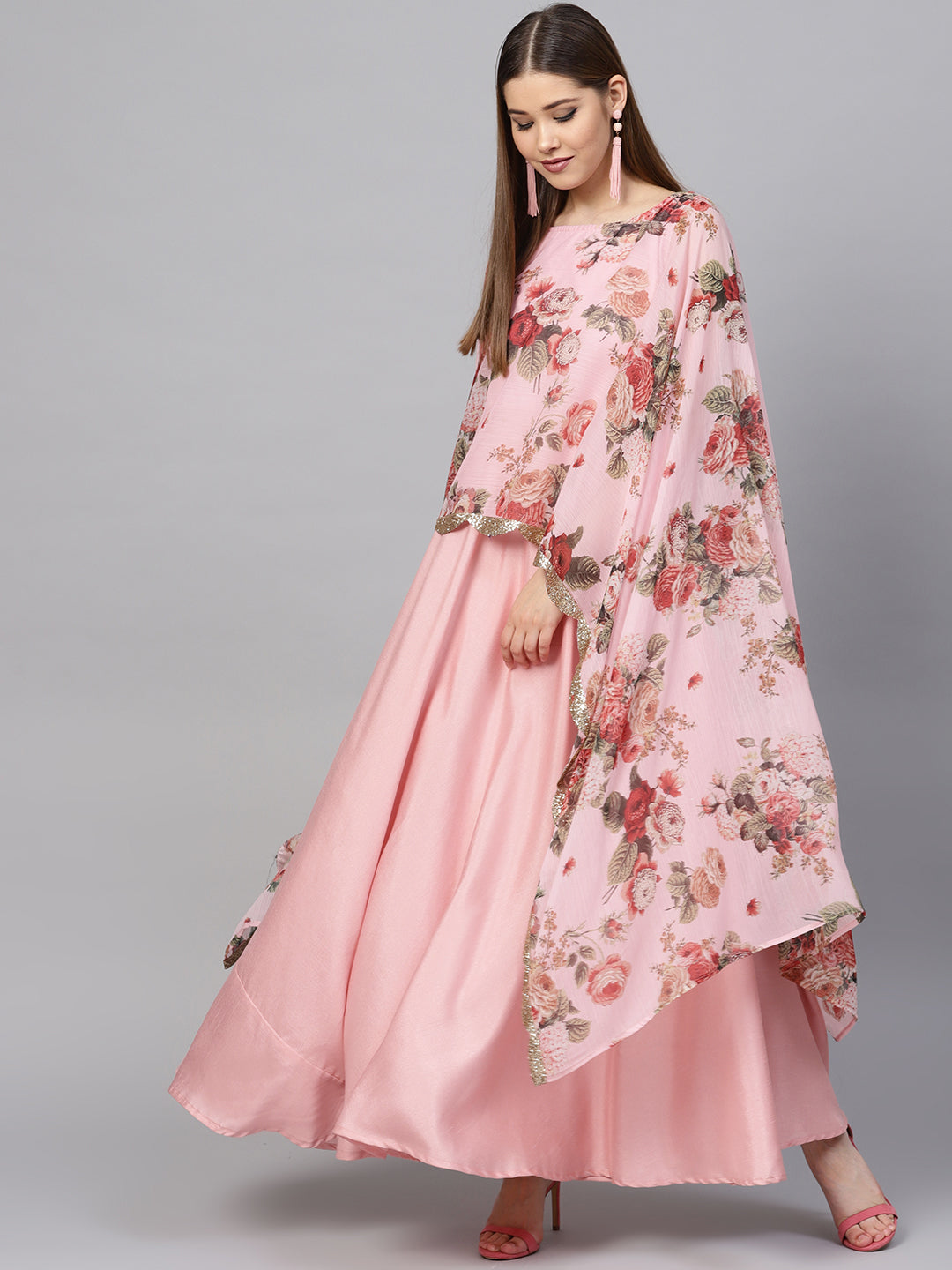 Women's Pink Poly Silk Kurta With Attached Printed Dupatta