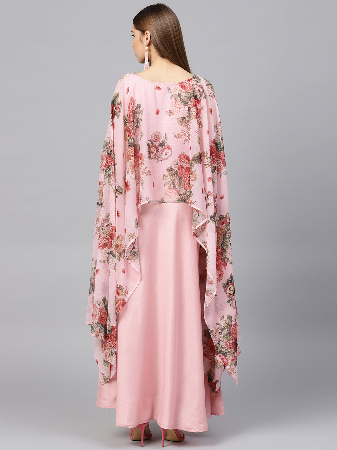 Women's Pink Poly Silk Kurta With Attached Printed Dupatta