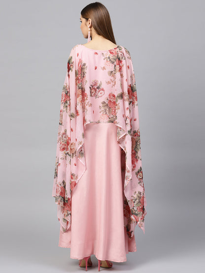 Women's Pink Poly Silk Kurta With Attached Printed Dupatta