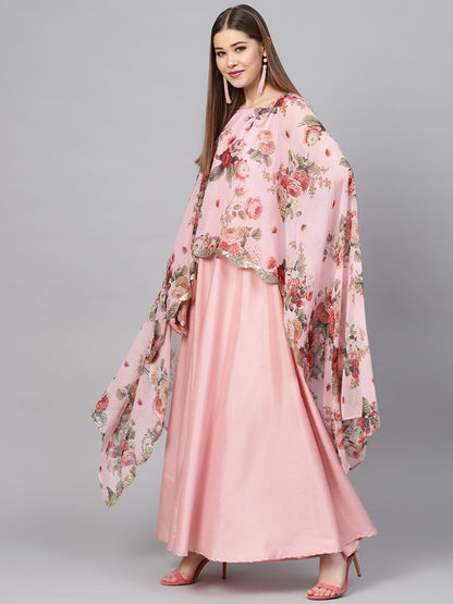 Women's Pink Poly Silk Kurta With Attached Printed Dupatta