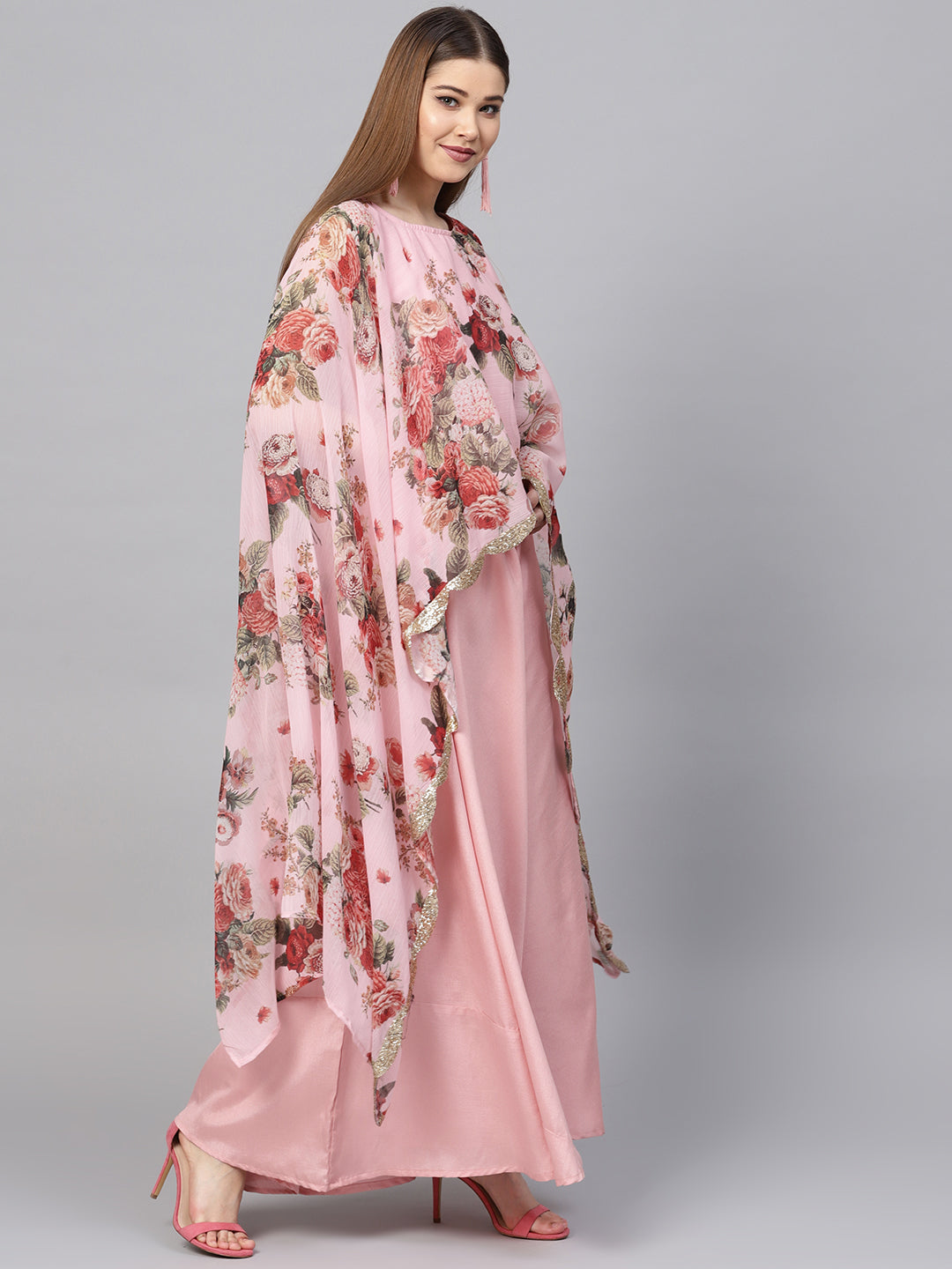 Women's Pink Poly Silk Kurta With Attached Printed Dupatta