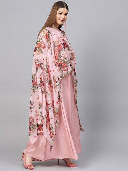 Women's Pink Poly Silk Kurta With Attached Printed Dupatta