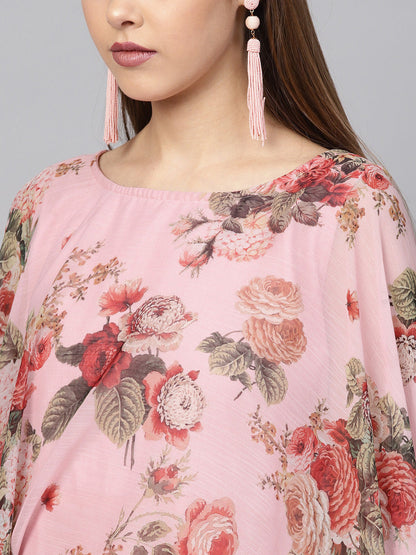 Women's Pink Poly Silk Kurta With Attached Printed Dupatta