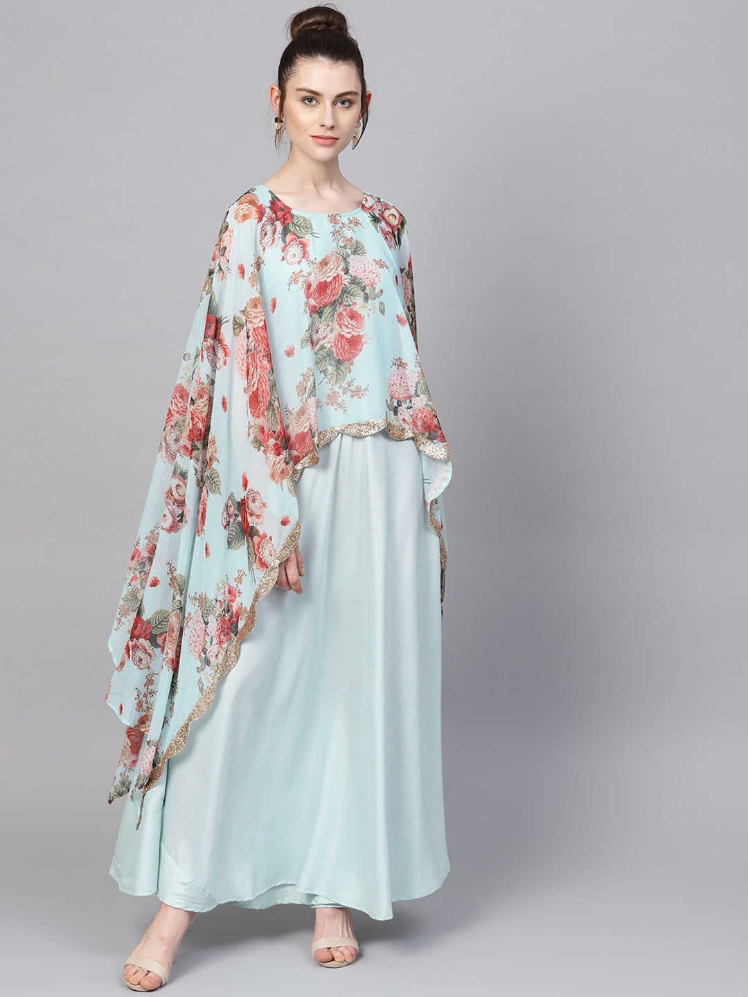 Women's Aqua Blue Poly Silk Kurta With Attached Printed Dupatta