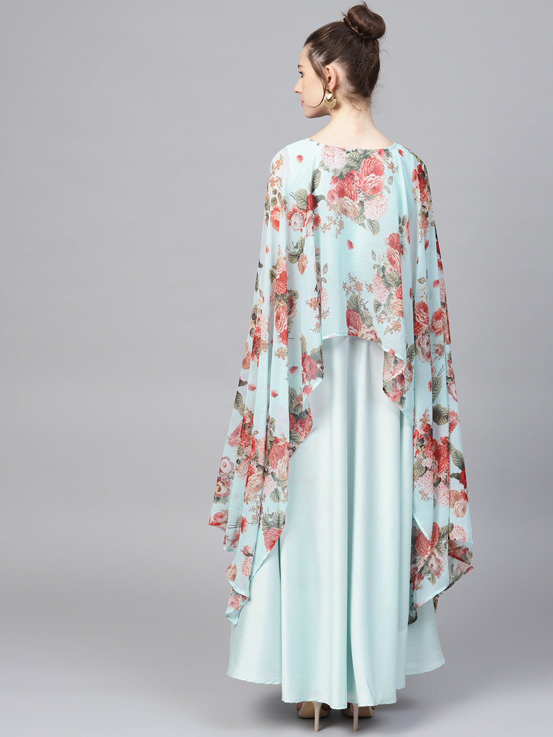 Women's Aqua Blue Poly Silk Kurta With Attached Printed Dupatta