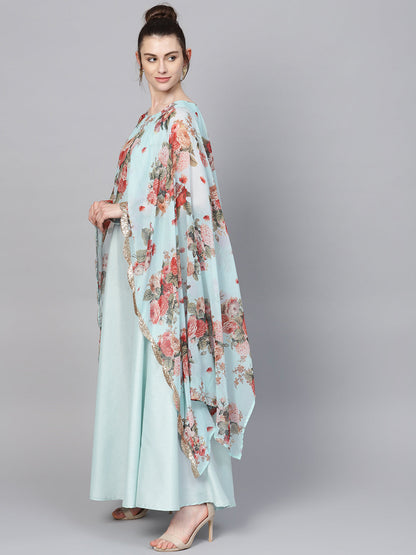 Women's Aqua Blue Poly Silk Kurta With Attached Printed Dupatta