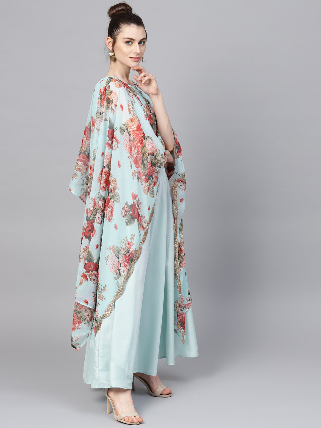 Women's Aqua Blue Poly Silk Kurta With Attached Printed Dupatta