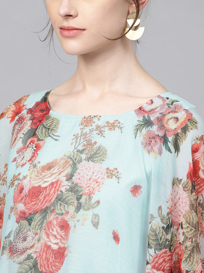 Women's Aqua Blue Poly Silk Kurta With Attached Printed Dupatta