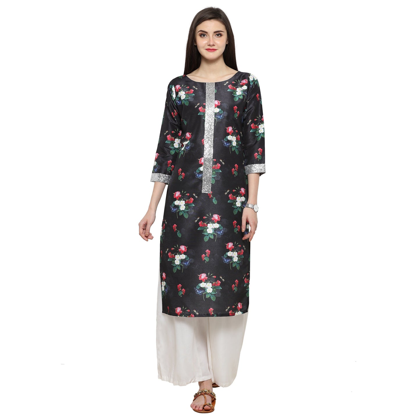 Women's Floral Black & Silver Only Kurta