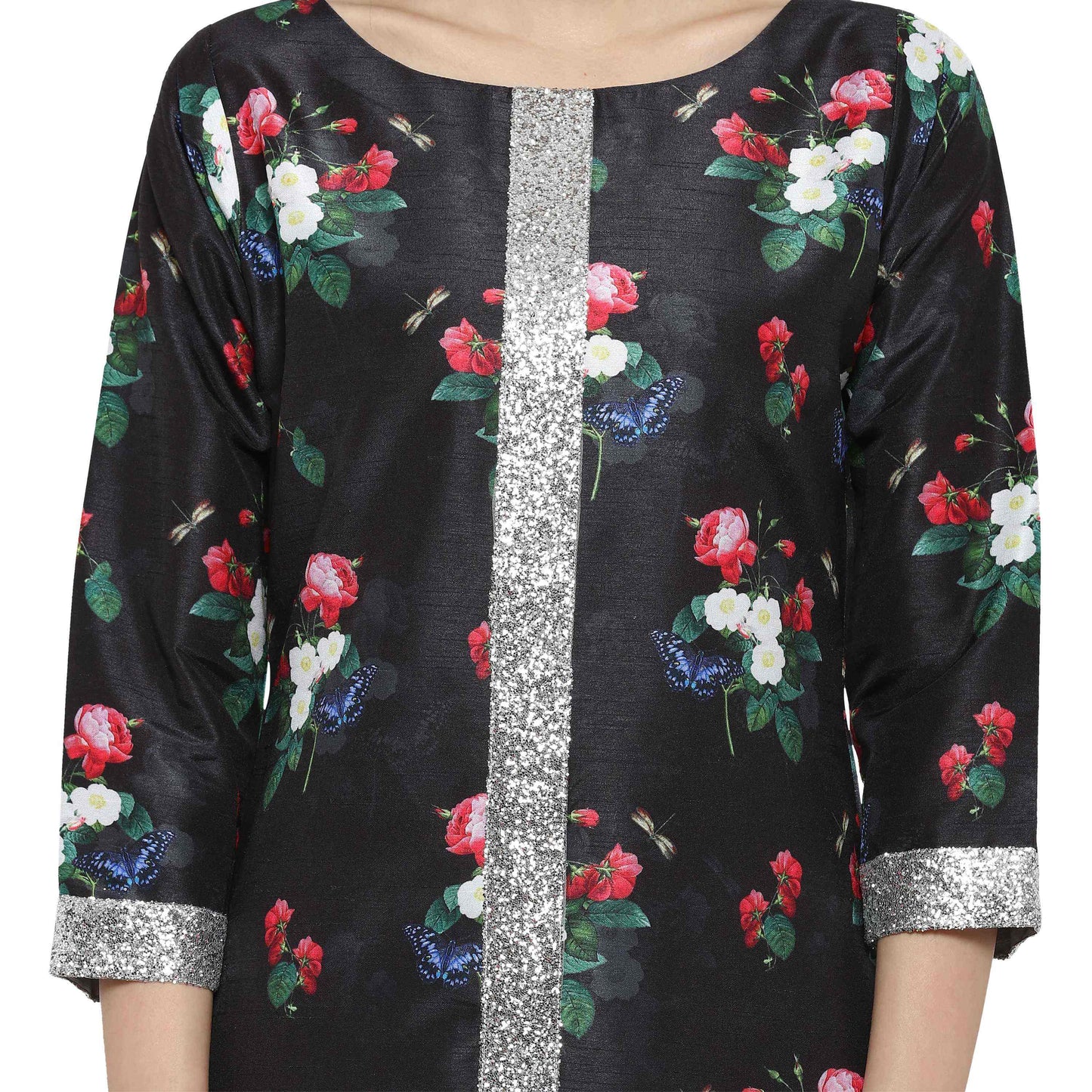 Women's Floral Black & Silver Only Kurta