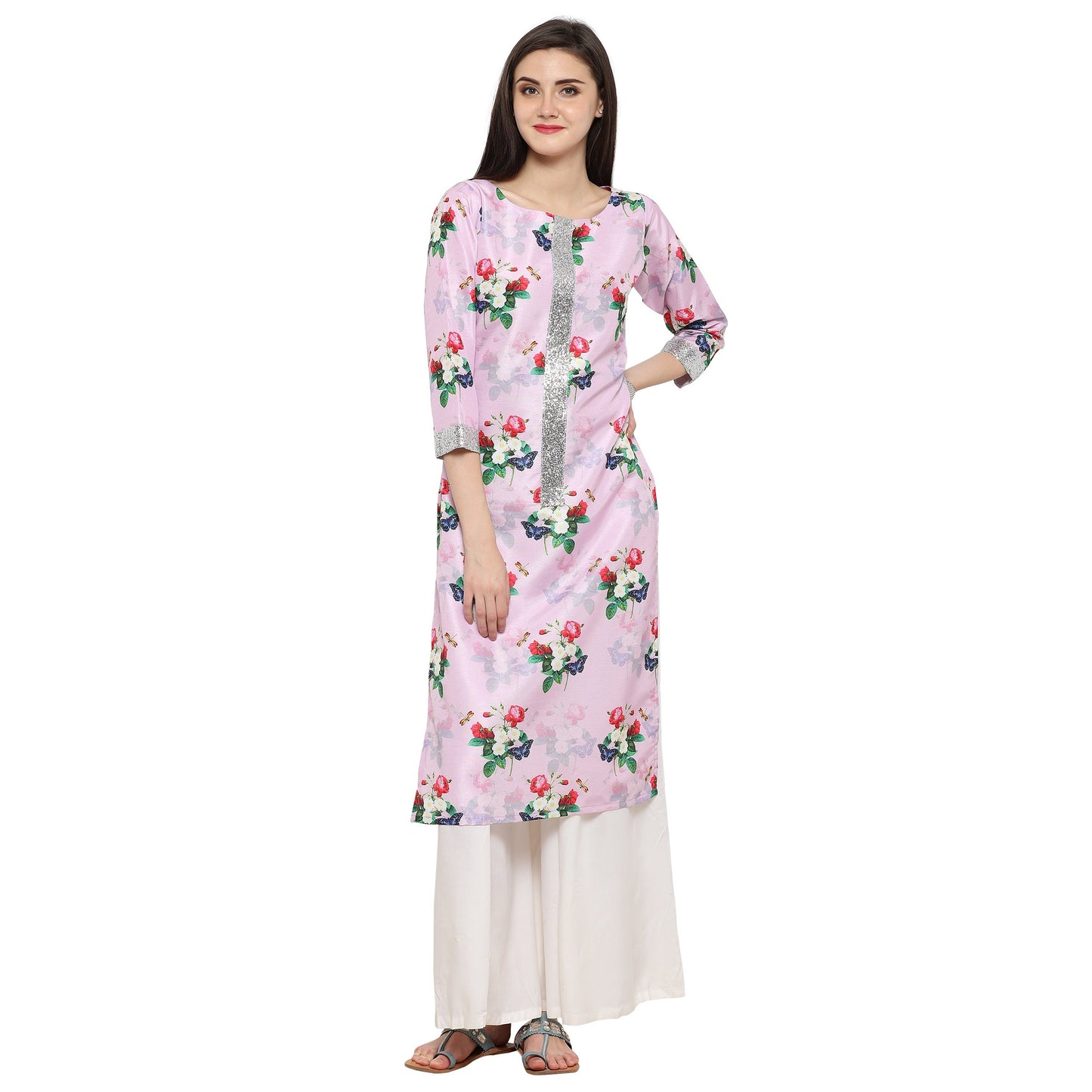 Women's Pink & Silver Floral Straight Only Kurta