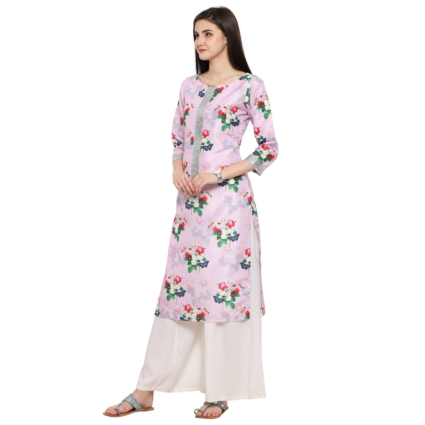 Women's Pink & Silver Floral Straight Only Kurta