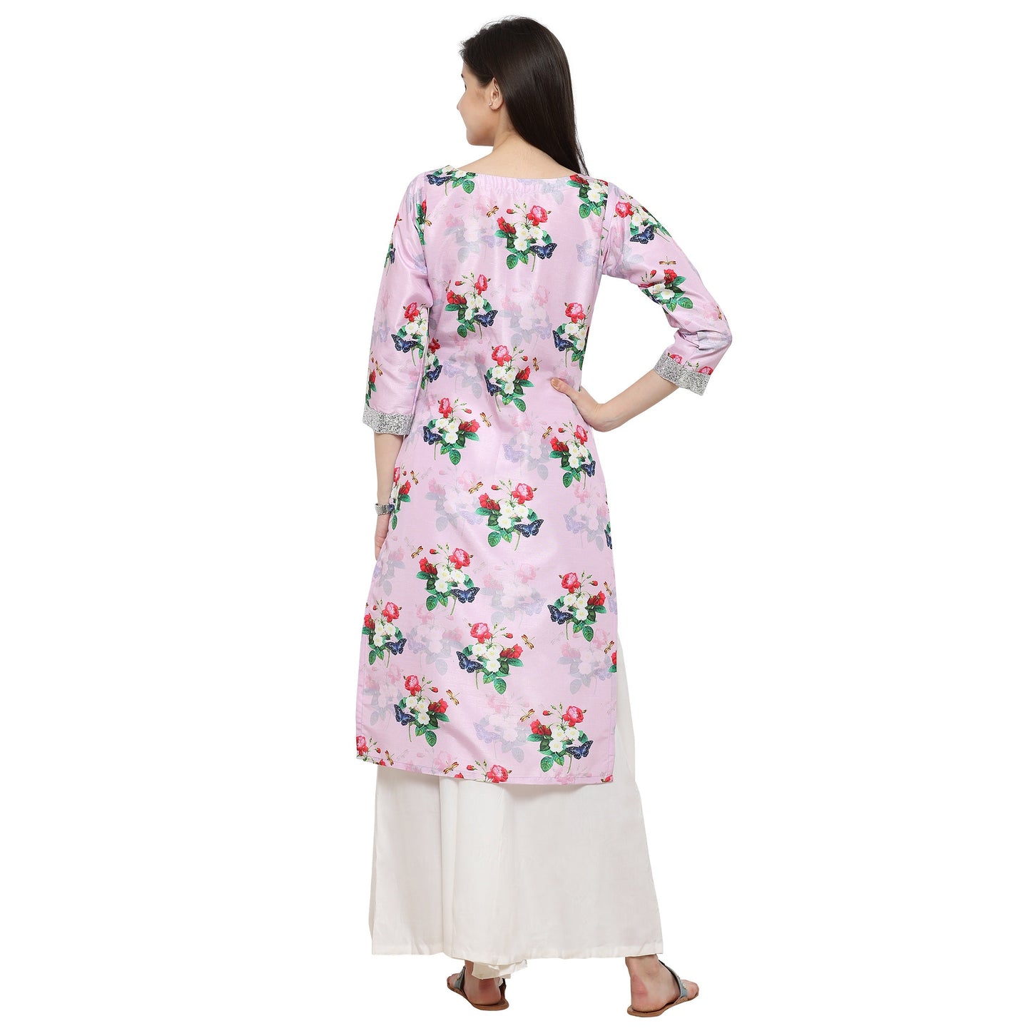Women's Pink & Silver Floral Straight Only Kurta