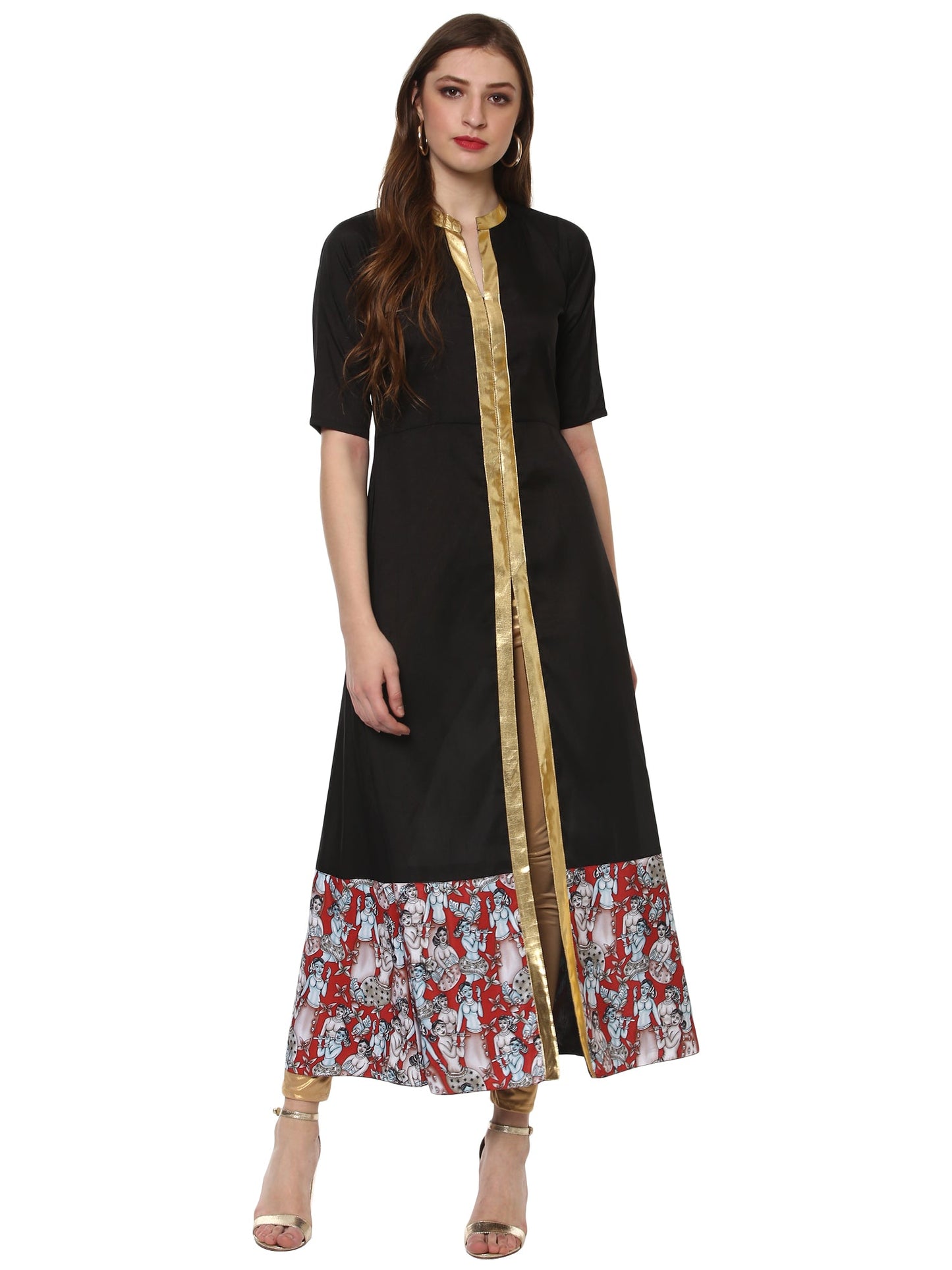 Women's Black Faux Silk Only Kurta With Centre Slit & Red Figurine Border