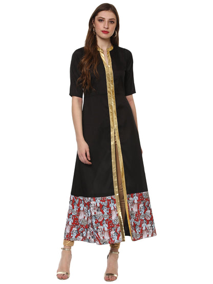 Women's Black Faux Silk Only Kurta With Centre Slit & Red Figurine Border