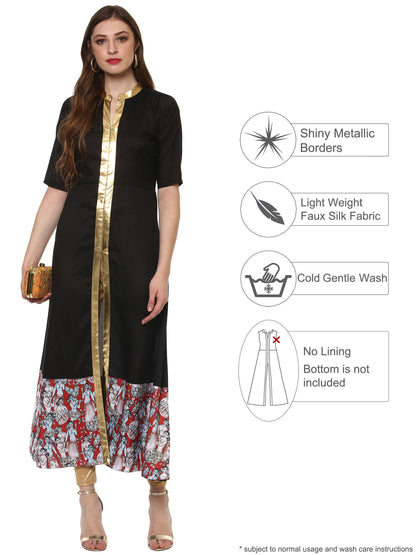 Women's Black Faux Silk Only Kurta With Centre Slit & Red Figurine Border