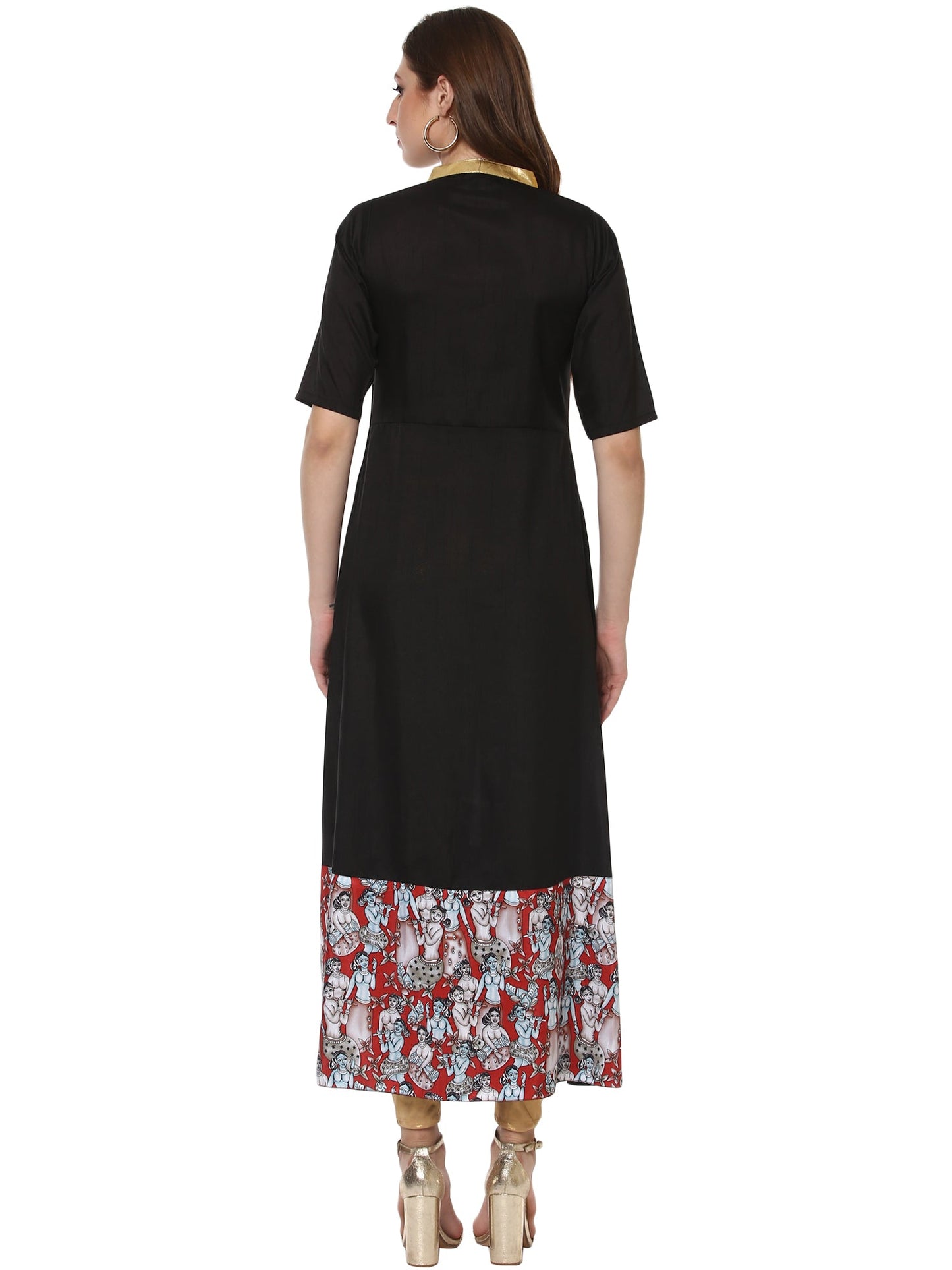 Women's Black Faux Silk Only Kurta With Centre Slit & Red Figurine Border