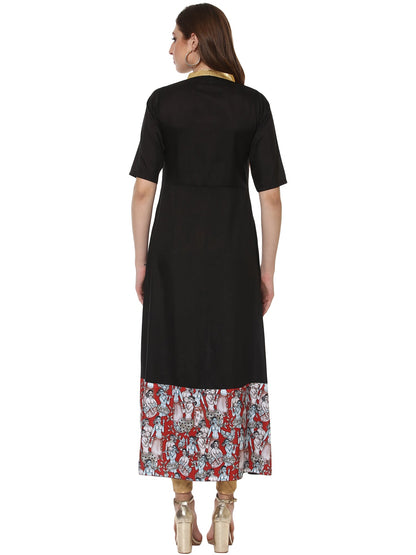 Women's Black Faux Silk Only Kurta With Centre Slit & Red Figurine Border