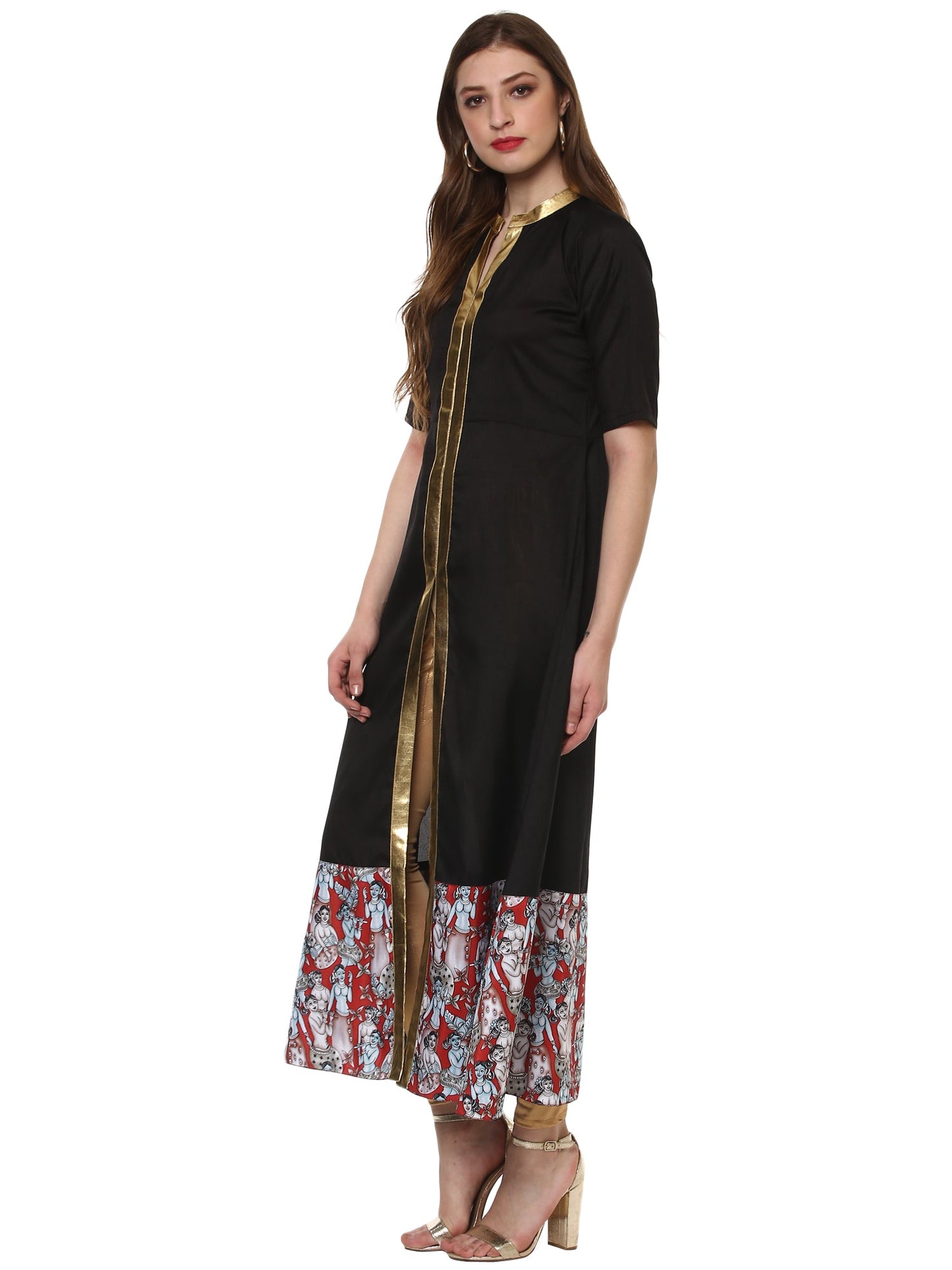 Women's Black Faux Silk Only Kurta With Centre Slit & Red Figurine Border