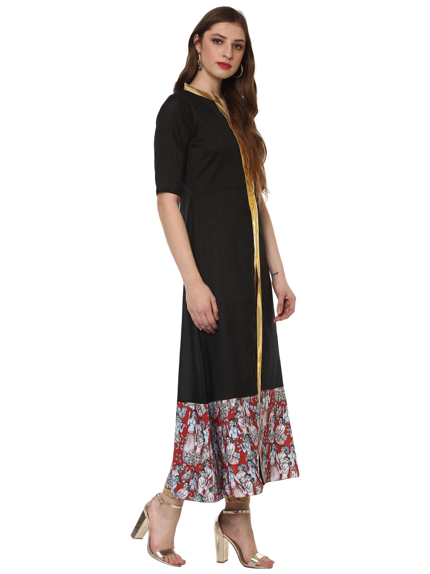 Women's Black Faux Silk Only Kurta With Centre Slit & Red Figurine Border