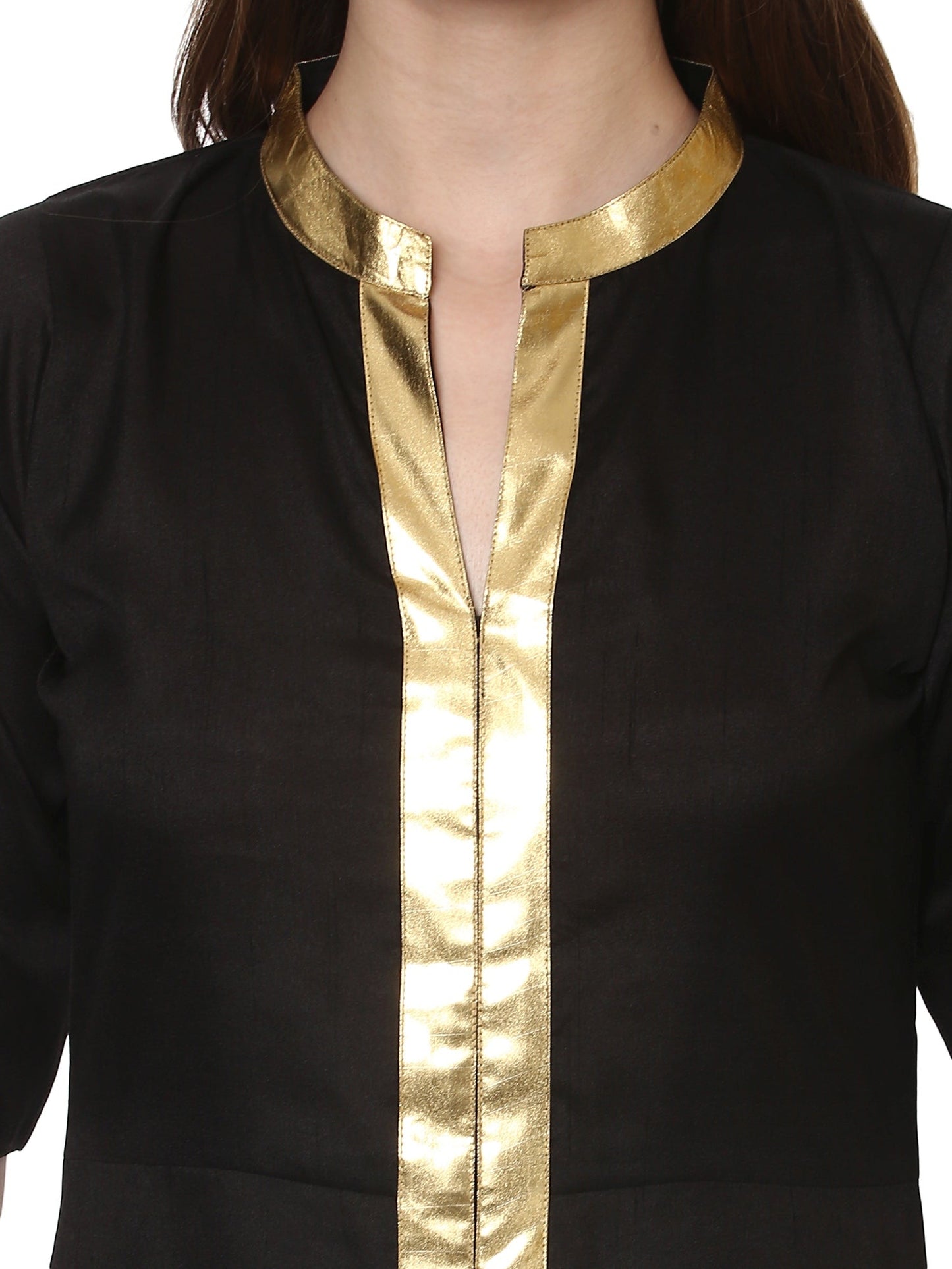 Women's Black Faux Silk Only Kurta With Centre Slit & Red Figurine Border