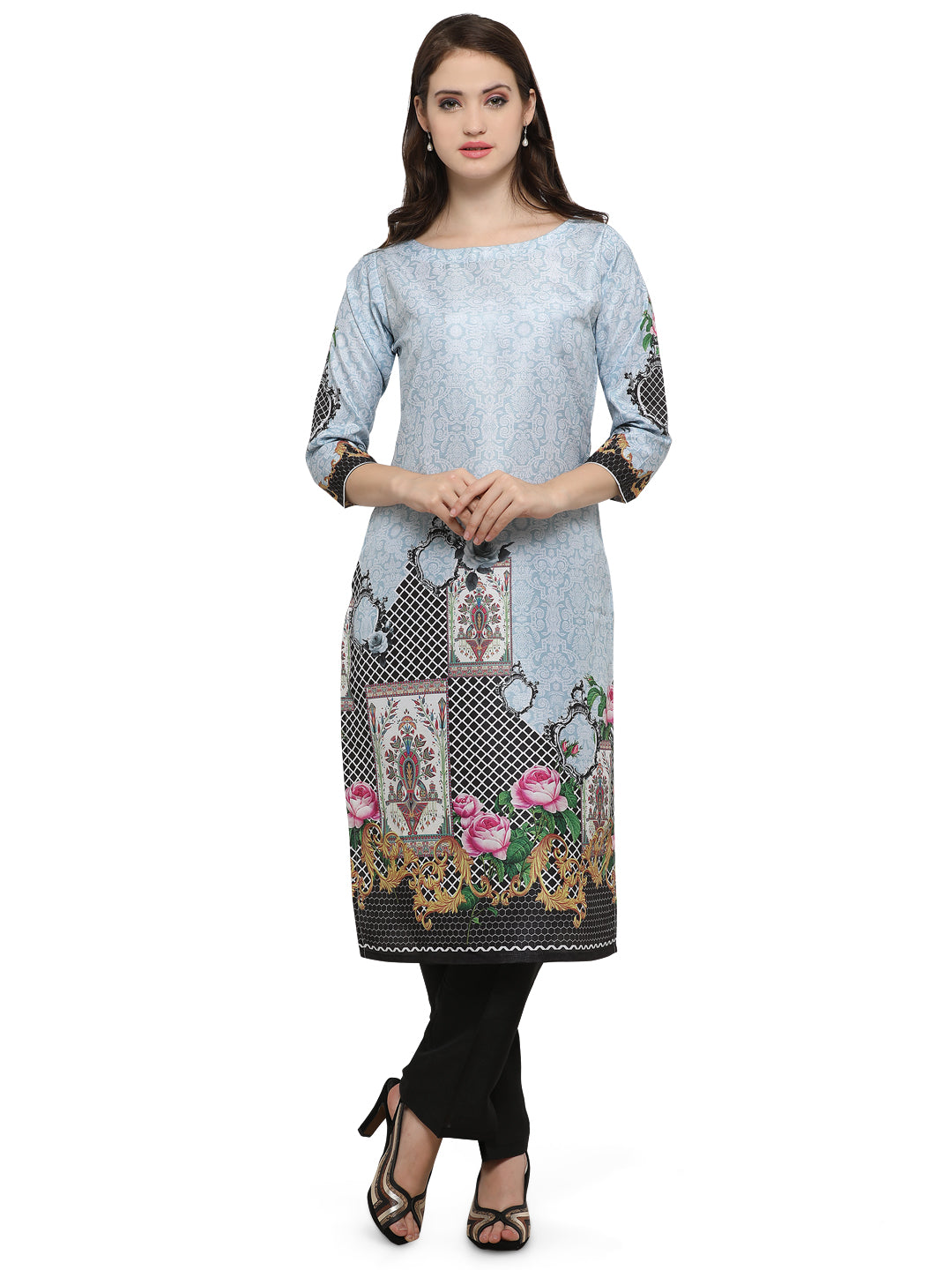 Women's Light Blue Digital Printed Faux Silk Only Kurta