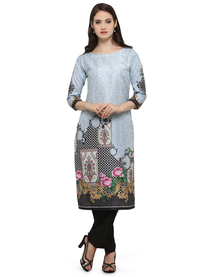 Women's Light Blue Digital Printed Faux Silk Only Kurta