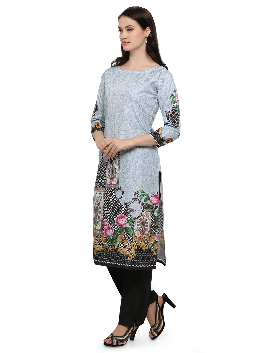 Women's Light Blue Digital Printed Faux Silk Only Kurta