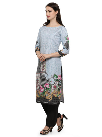 Women's Light Blue Digital Printed Faux Silk Only Kurta