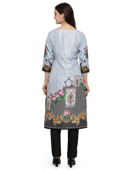Women's Light Blue Digital Printed Faux Silk Only Kurta