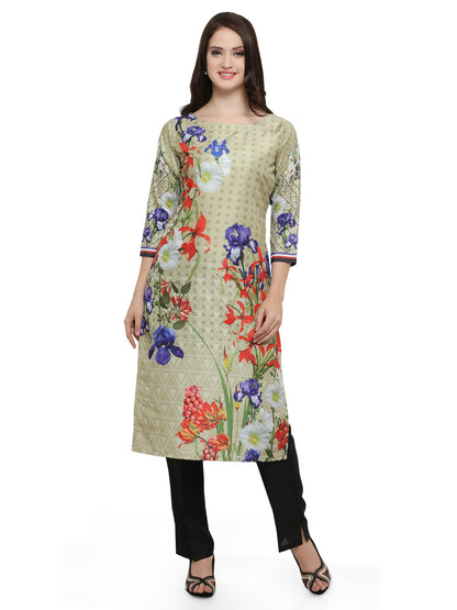 Women's Green Floral Straight Faux Silk Only Kurta