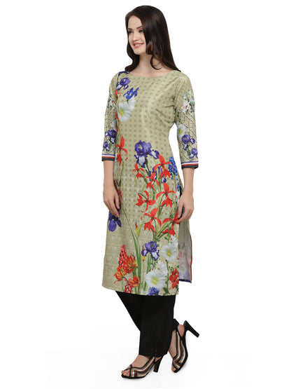 Women's Green Floral Straight Faux Silk Only Kurta