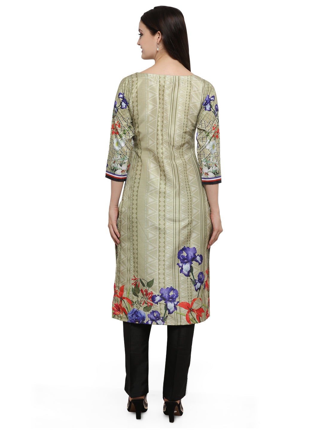 Women's Green Floral Straight Faux Silk Only Kurta