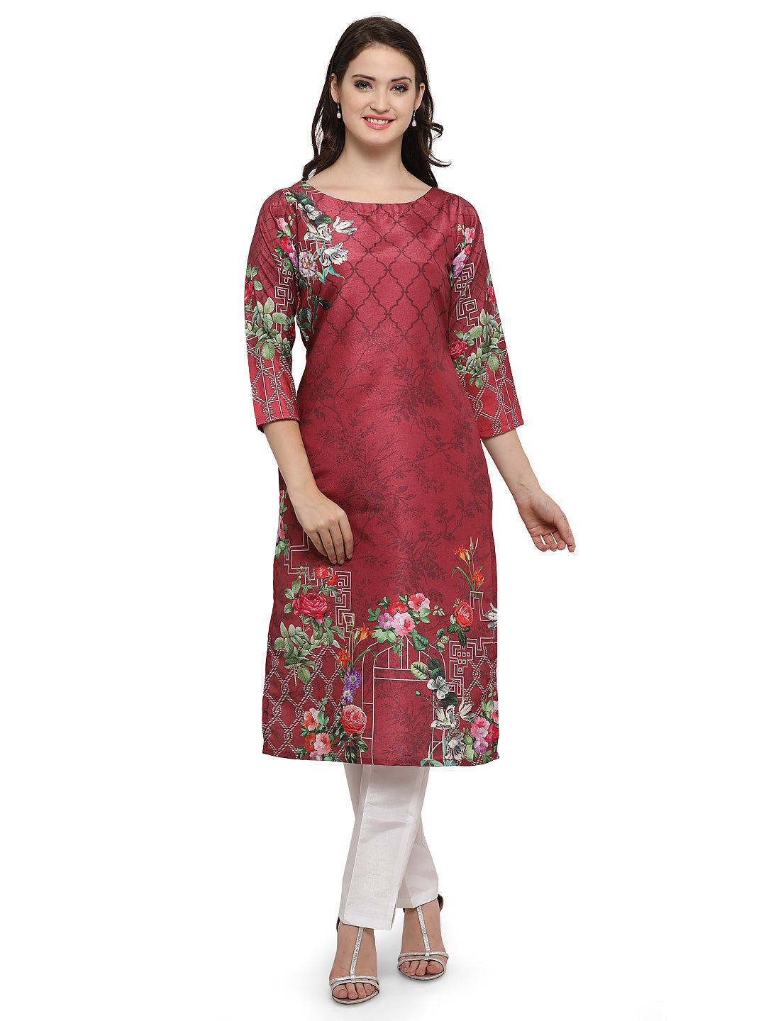 Women's Straight Faux Silk Maroon Floral Only Kurta