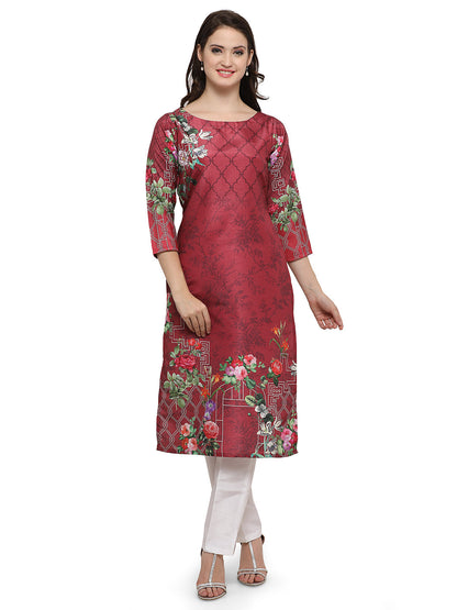 Women's Straight Faux Silk Maroon Floral Only Kurta
