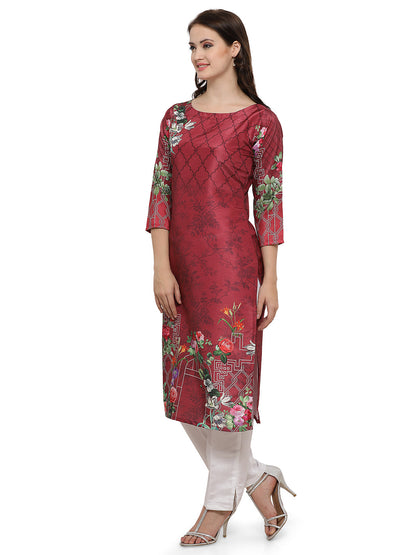 Women's Straight Faux Silk Maroon Floral Only Kurta