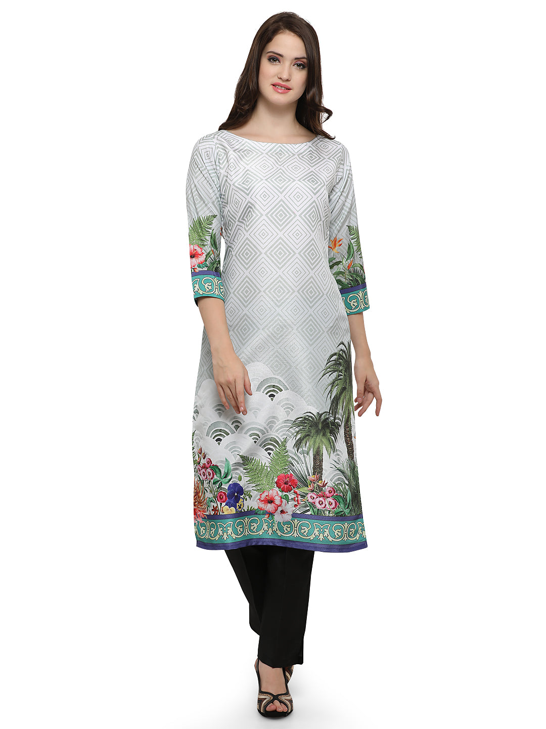 Women's Middle Eastern Theme Printed Faux Silk Only Kurta