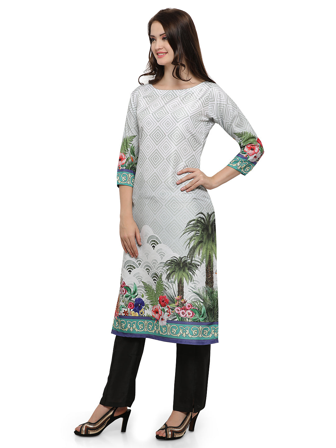 Women's Middle Eastern Theme Printed Faux Silk Only Kurta